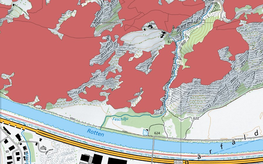 Carte nationale swisstopo avec le périmètre protégé de Ober Rotafen (Prairie sèche)