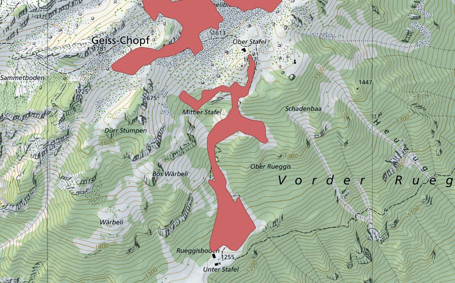 swisstopo national map showing the protected perimeter of Ober Rueggis (Dry meadow)