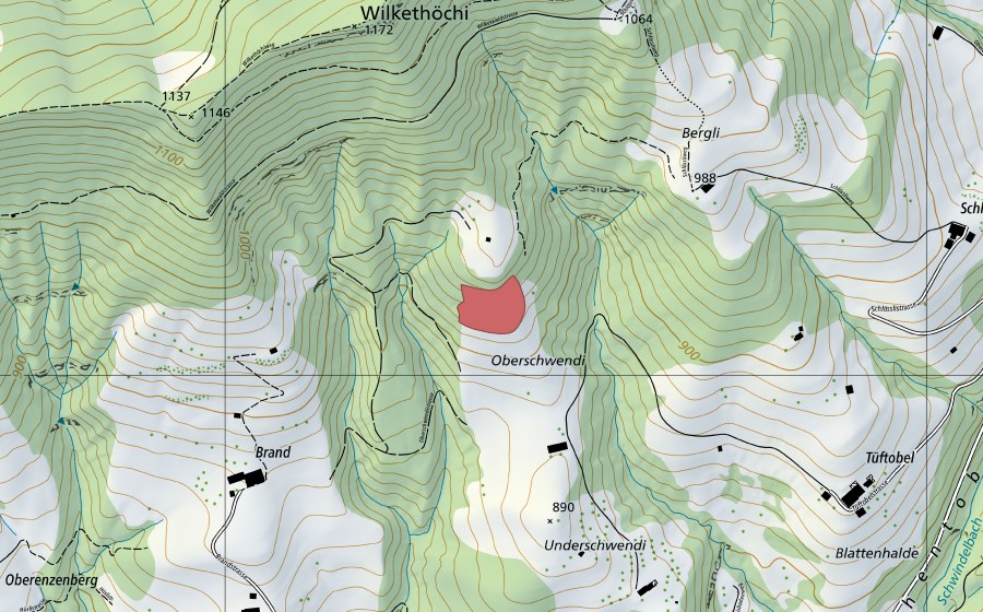Carte nationale swisstopo avec le périmètre protégé de Ober Schwendi (Prairie sèche)