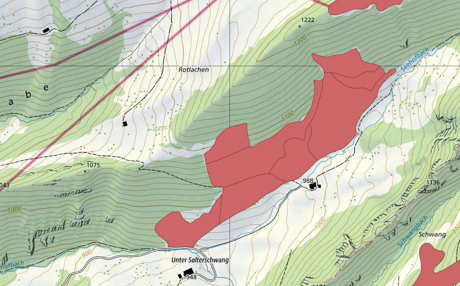 swisstopo national map showing the protected perimeter of Ober Solterschwang (Dry meadow)