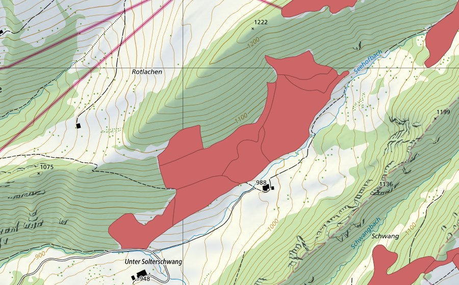 Landeskarte swisstopo mit dem Schutzperimeter von Ober Solterschwang (Trockenwiese)