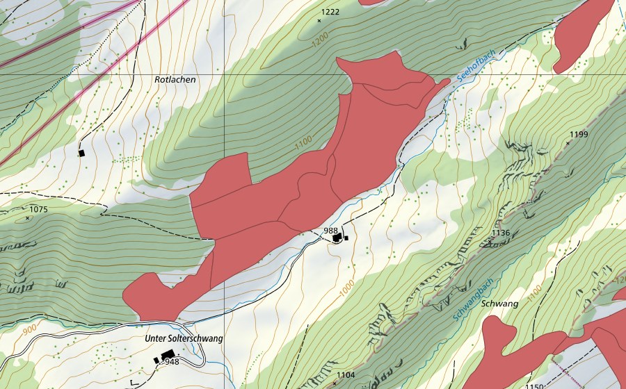 Carte nationale swisstopo avec le périmètre protégé de Ober Solterschwang (Prairie sèche)