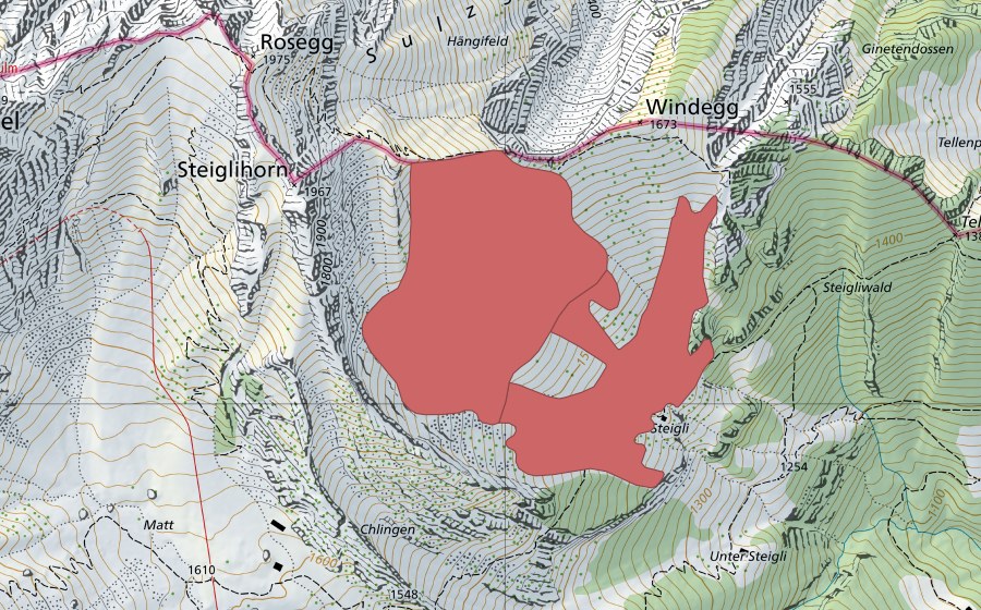 Carte nationale swisstopo avec le périmètre protégé de Ober Steigli (Prairie sèche)