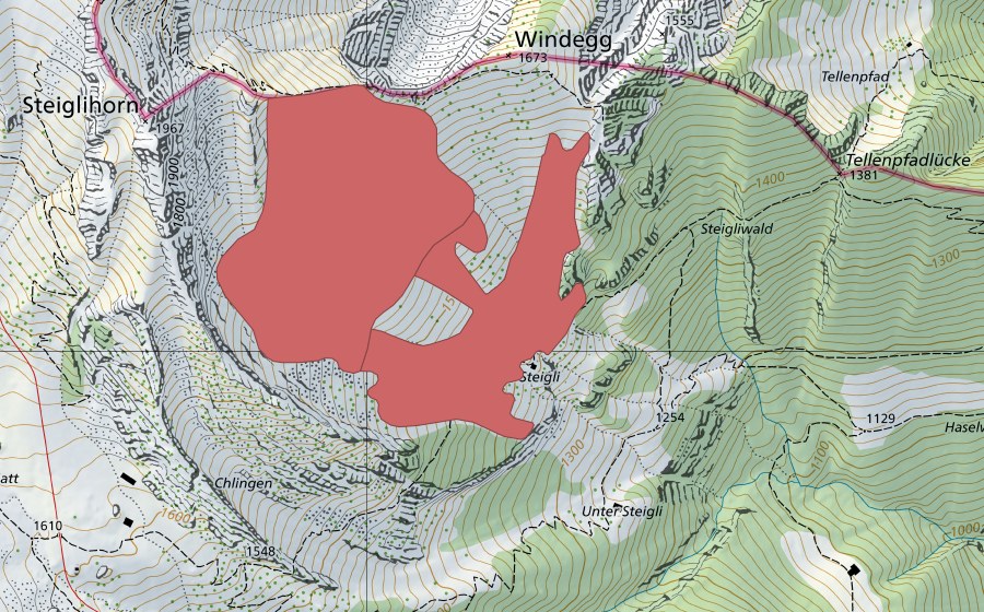 Landeskarte swisstopo mit dem Schutzperimeter von Ober Steigli (Trockenwiese)
