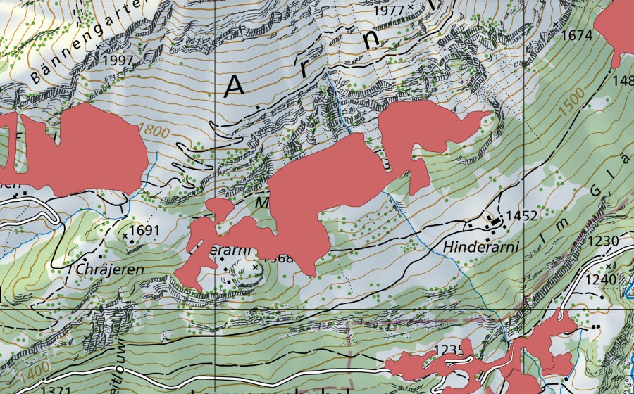 swisstopo national map showing the protected perimeter of Oberarni (Dry meadow)