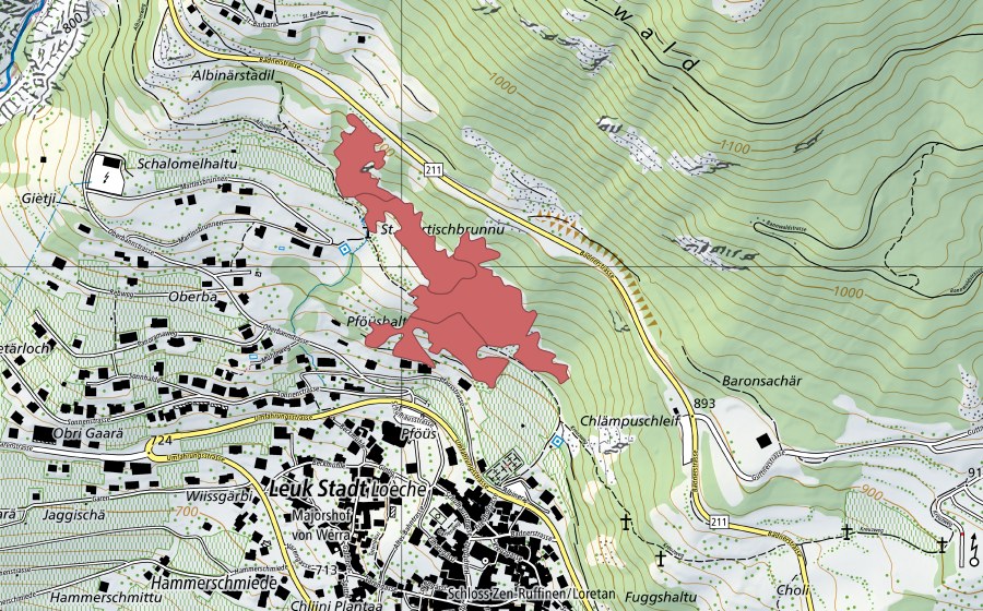 Landeskarte swisstopo mit dem Schutzperimeter von Oberbann (Trockenwiese)