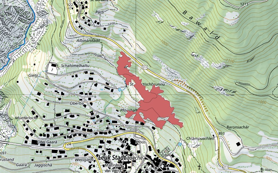 Landeskarte swisstopo mit dem Schutzperimeter von Oberbann (Trockenwiese)