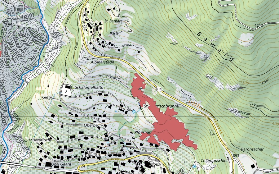 Carte nationale swisstopo avec le périmètre protégé de Oberbann (Prairie sèche)