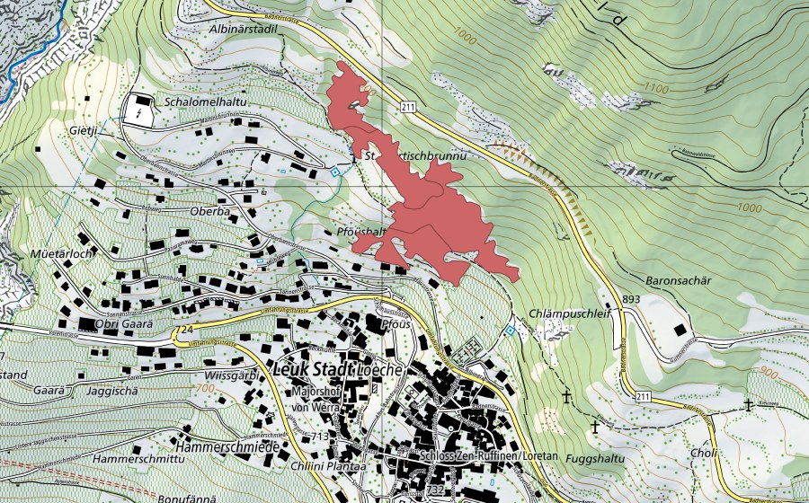 Landeskarte swisstopo mit dem Schutzperimeter von Oberbann (Trockenwiese)