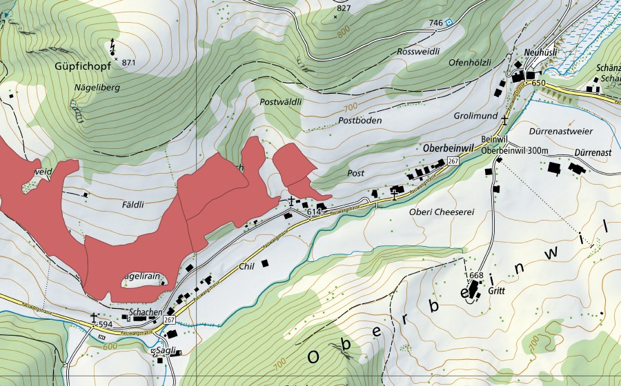 Carte nationale swisstopo avec le périmètre protégé de Oberbeinwil (Prairie sèche)