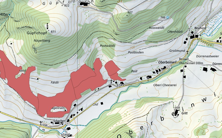 Carte nationale swisstopo avec le périmètre protégé de Oberbeinwil (Prairie sèche)