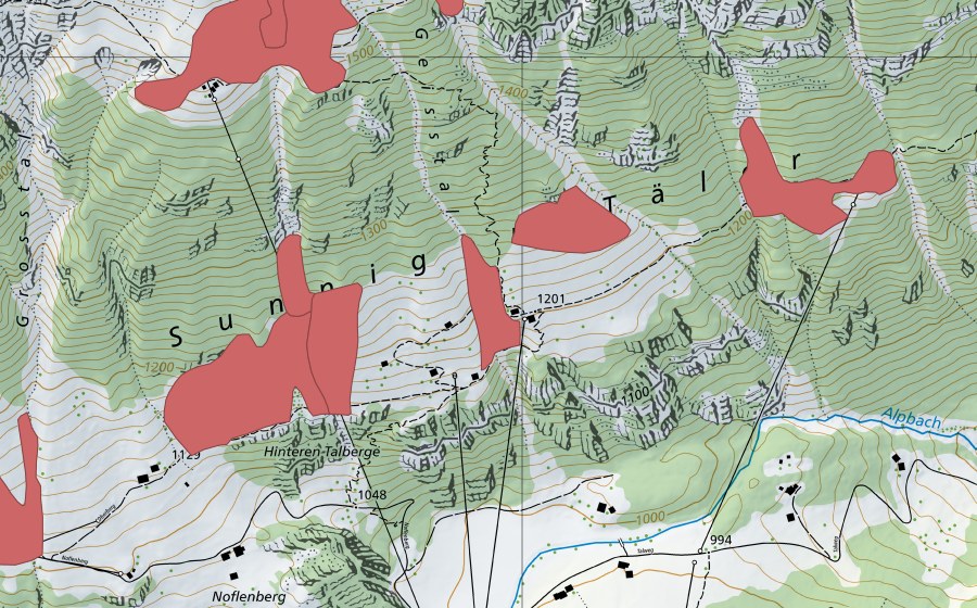 Landeskarte swisstopo mit dem Schutzperimeter von Oberberg (Trockenwiese)