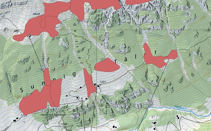 Carte nationale swisstopo avec le périmètre protégé de Oberberg (Prairie sèche)