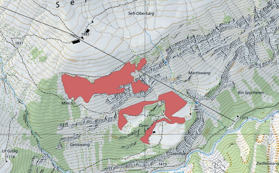 Carta nazionale swisstopo con il perimetro protetto di Oberberg (Prato secco)