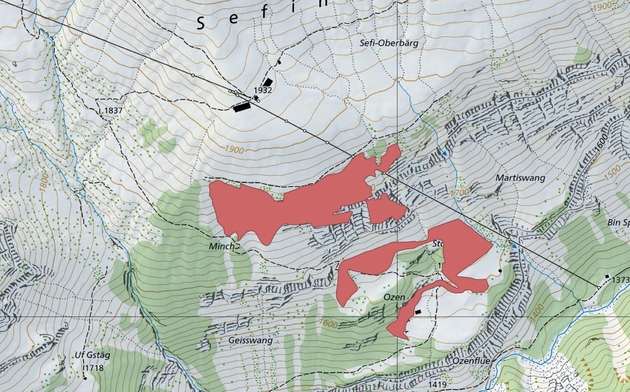 swisstopo national map showing the protected perimeter of Oberberg (Dry meadow)