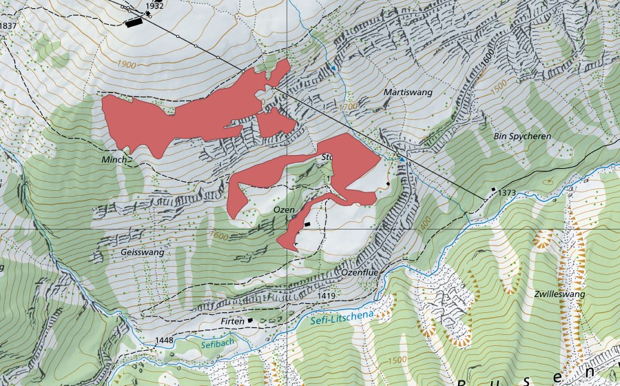 Carte nationale swisstopo avec le périmètre protégé de Oberberg (Prairie sèche)