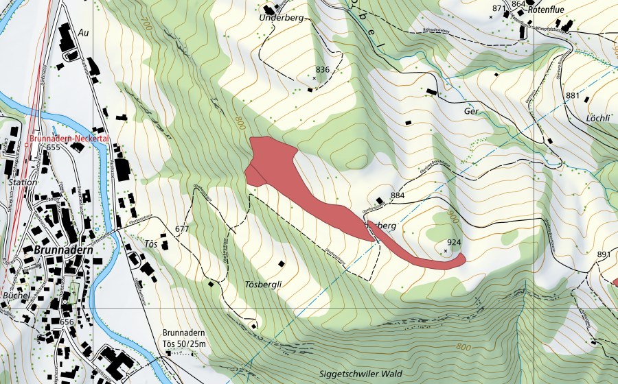 Landeskarte swisstopo mit dem Schutzperimeter von Oberberg (Trockenwiese)