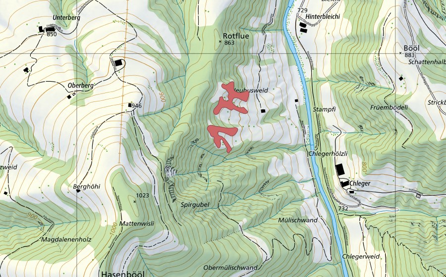 Carte nationale swisstopo avec le périmètre protégé de Oberberg (Prairie sèche)