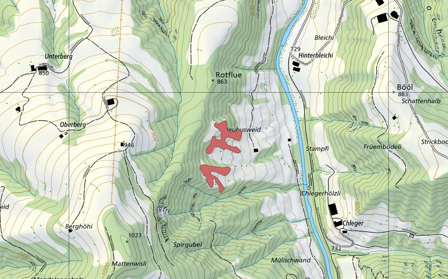 Carte nationale swisstopo avec le périmètre protégé de Oberberg (Prairie sèche)
