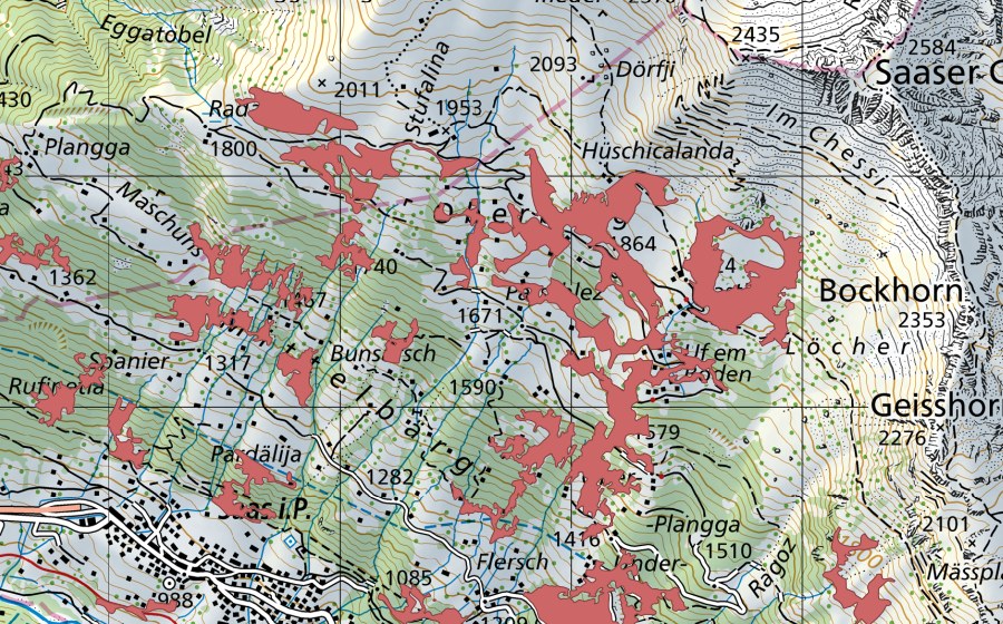 Landeskarte swisstopo mit dem Schutzperimeter von Oberberg (Trockenwiese)