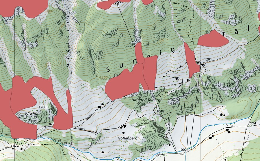 Carte nationale swisstopo avec le périmètre protégé de Oberberg (Prairie sèche)