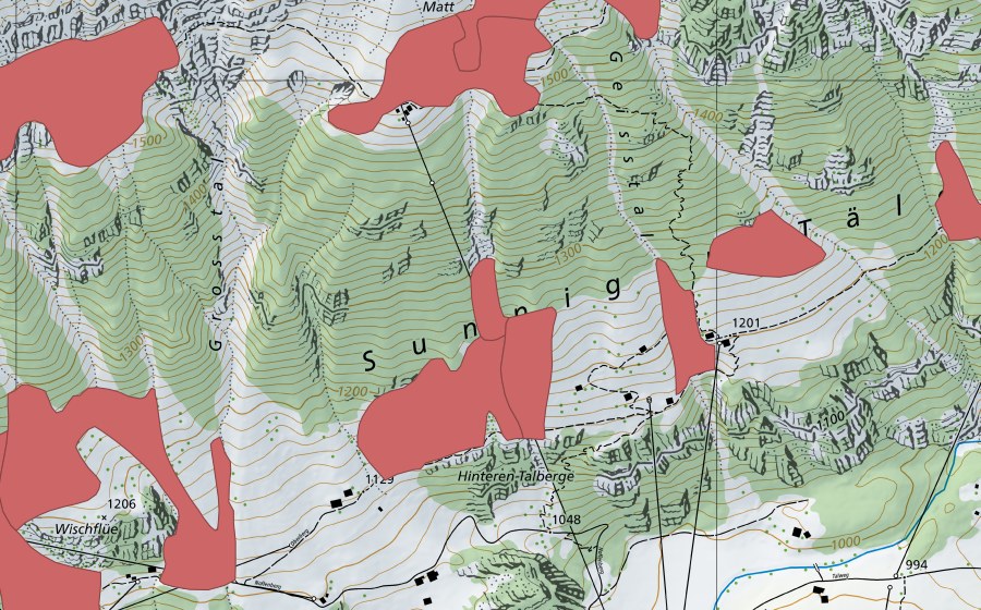 Landeskarte swisstopo mit dem Schutzperimeter von Oberberg (Trockenwiese)