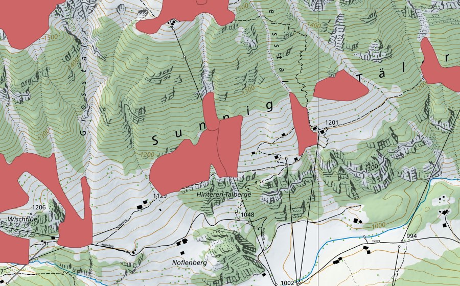 Landeskarte swisstopo mit dem Schutzperimeter von Oberberg (Trockenwiese)