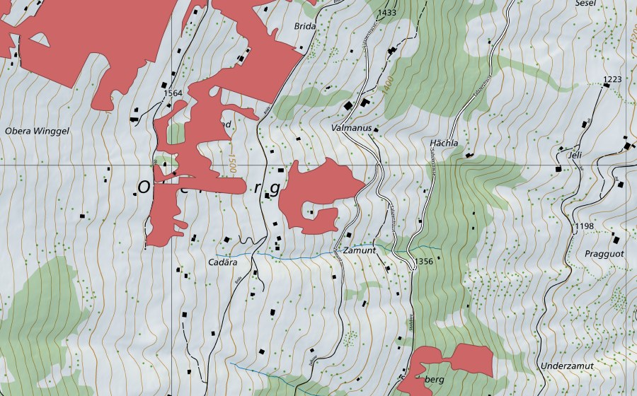 Landeskarte swisstopo mit dem Schutzperimeter von Oberberge (Trockenwiese)