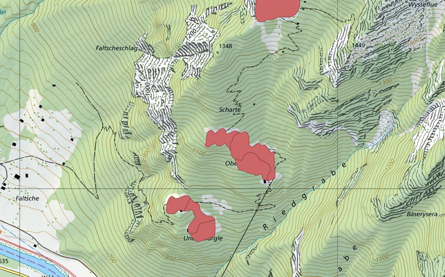 Carte nationale swisstopo avec le périmètre protégé de Oberbürgle (Prairie sèche)