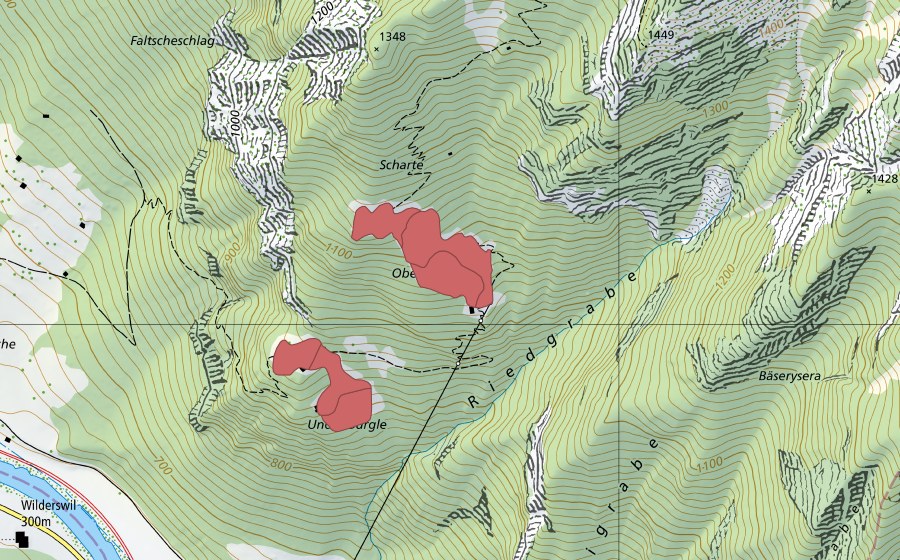 Carte nationale swisstopo avec le périmètre protégé de Oberbürgle (Prairie sèche)