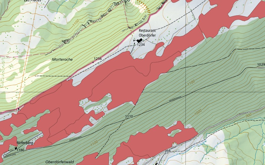 Carte nationale swisstopo avec le périmètre protégé de Oberdörfer (Prairie sèche)