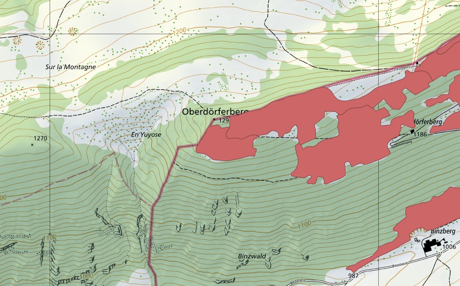 Carte nationale swisstopo avec le périmètre protégé de Oberdörfer (Prairie sèche)