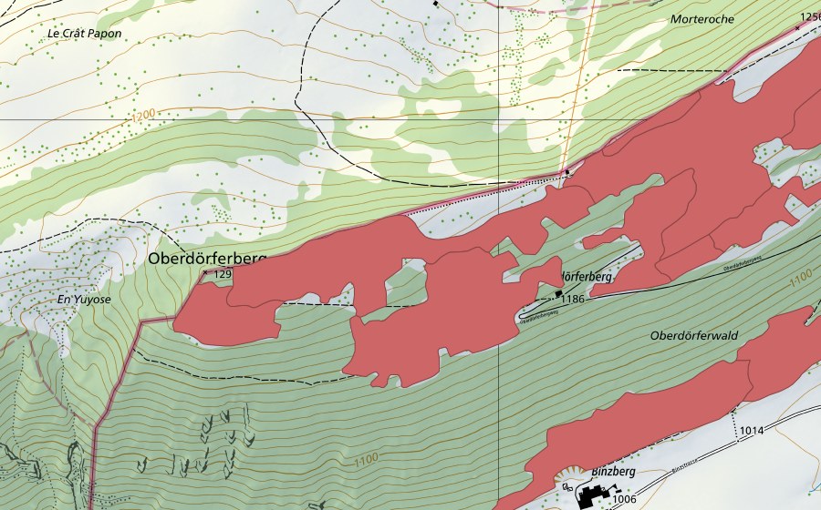Carte nationale swisstopo avec le périmètre protégé de Oberdörfer (Prairie sèche)