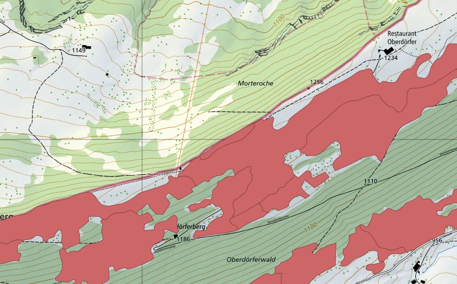 Carte nationale swisstopo avec le périmètre protégé de Oberdörfer (Prairie sèche)