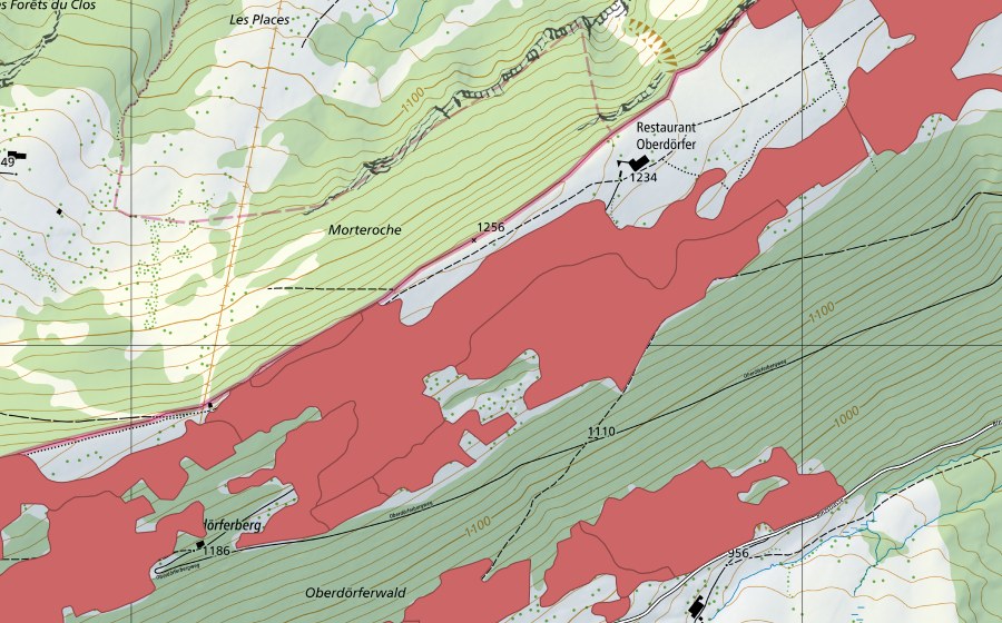 Carte nationale swisstopo avec le périmètre protégé de Oberdörfer (Prairie sèche)