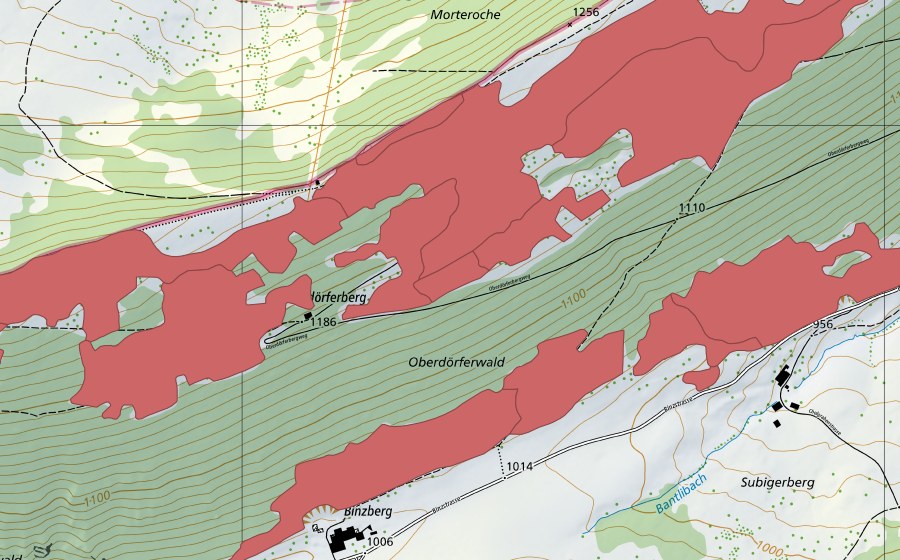 Landeskarte swisstopo mit dem Schutzperimeter von Oberdörfer (Trockenwiese)