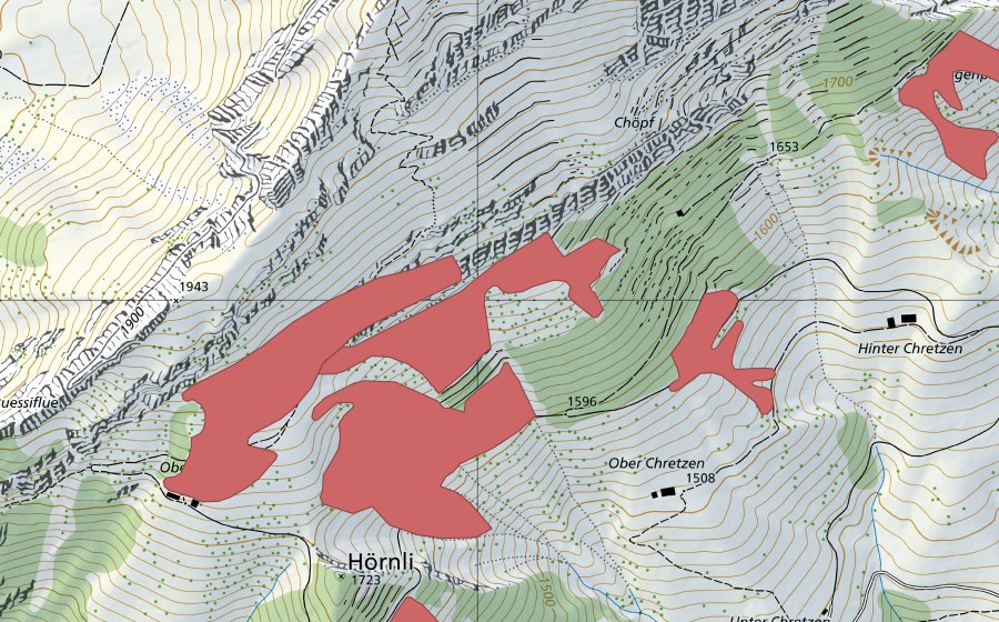 Carte nationale swisstopo avec le périmètre protégé de Obere Ruessi (Prairie sèche)