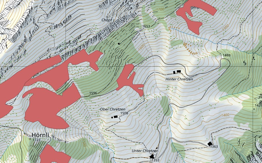 Carte nationale swisstopo avec le périmètre protégé de Obere Ruessi (Prairie sèche)