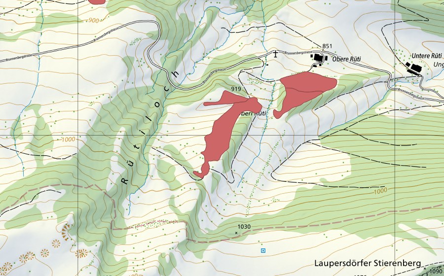 Landeskarte swisstopo mit dem Schutzperimeter von Obere Rüti (Trockenwiese)