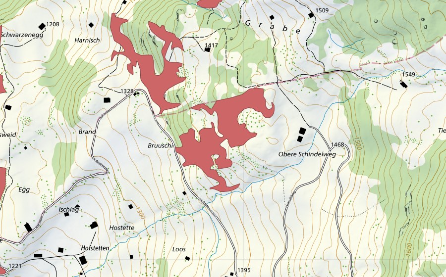 Carte nationale swisstopo avec le périmètre protégé de Obere Schindelweg (Prairie sèche)