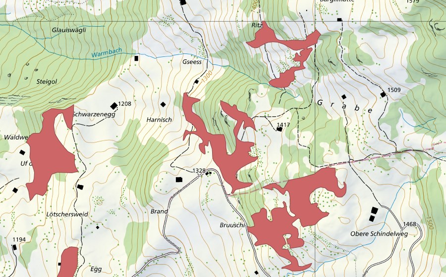 Carte nationale swisstopo avec le périmètre protégé de Obere Schindelweg (Prairie sèche)