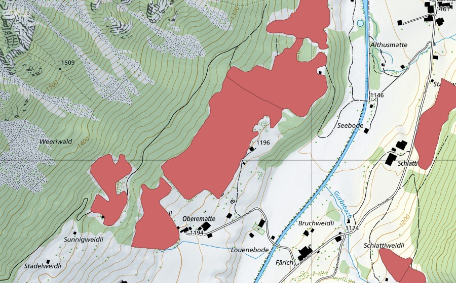 swisstopo national map showing the protected perimeter of Oberematte (Dry meadow)
