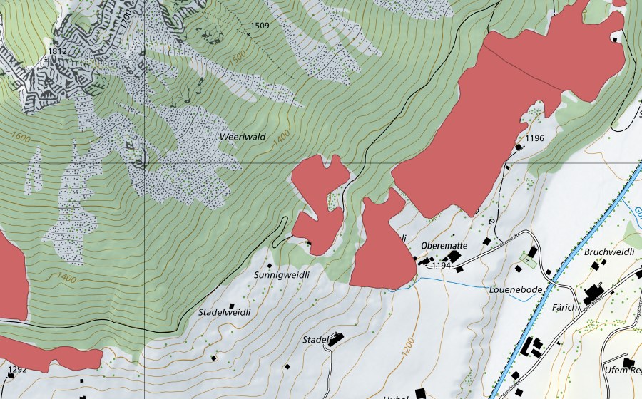Landeskarte swisstopo mit dem Schutzperimeter von Oberematte (Trockenwiese)