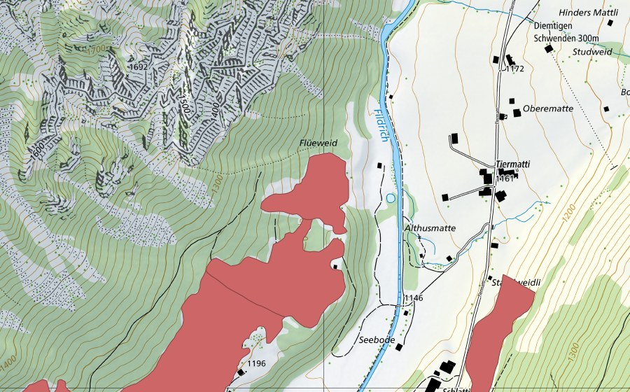 Carte nationale swisstopo avec le périmètre protégé de Oberematte (Prairie sèche)