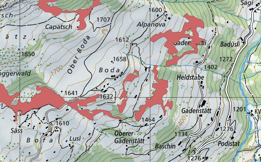 swisstopo national map showing the protected perimeter of Oberen Gadenstätt (Dry meadow)