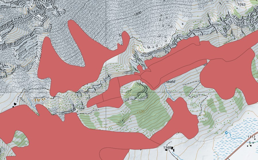 swisstopo national map showing the protected perimeter of Oberen Hütten (Dry meadow)