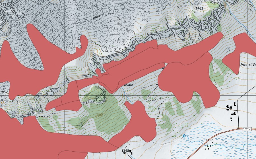 swisstopo national map showing the protected perimeter of Oberen Hütten (Dry meadow)