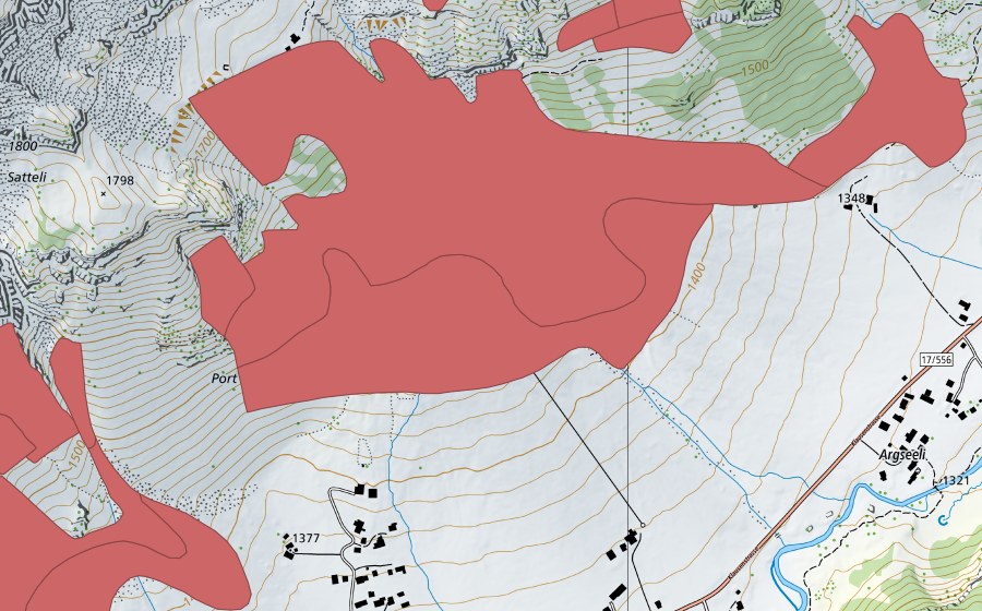 Landeskarte swisstopo mit dem Schutzperimeter von Oberen Hütten (Trockenwiese)