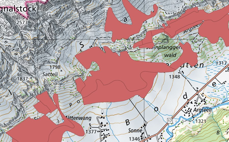 Landeskarte swisstopo mit dem Schutzperimeter von Oberen Hütten (Trockenwiese)