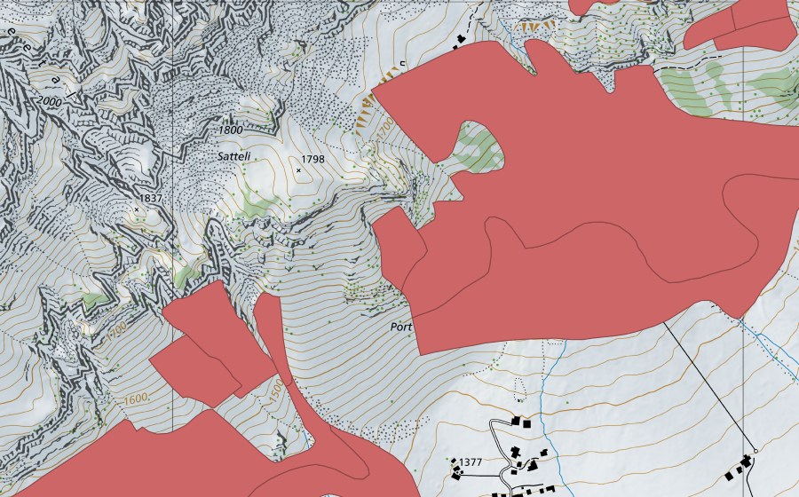 swisstopo national map showing the protected perimeter of Oberen Hütten (Dry meadow)